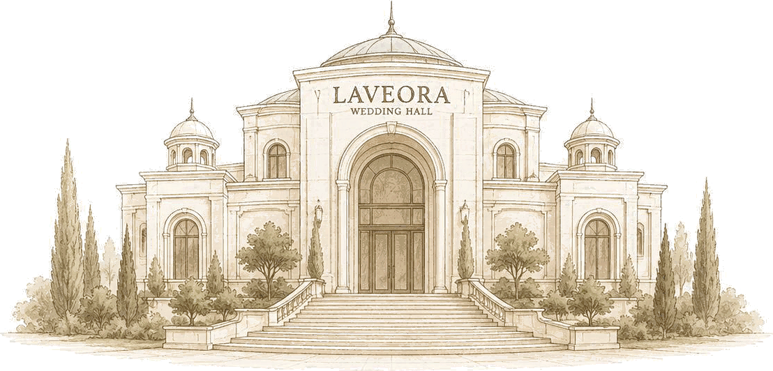 Line drawing of Laveora Wedding Hall — a domed stone hall with
                  a colonnaded entrance, flanked by cypress trees